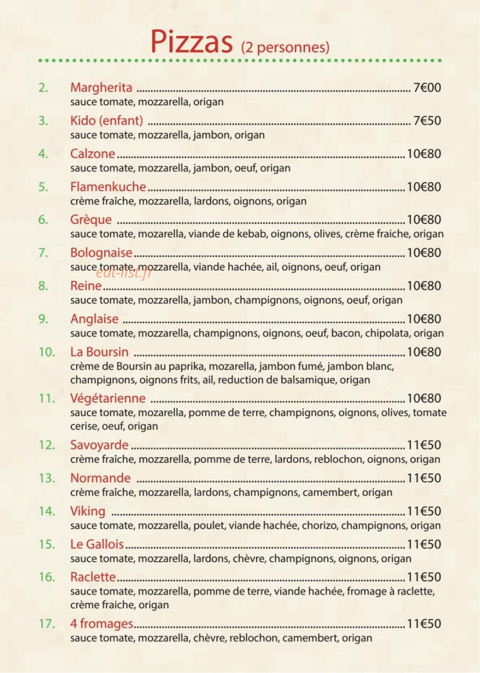 Carte et menu de Aux delices du gallois à Bayeux — Pizzas
