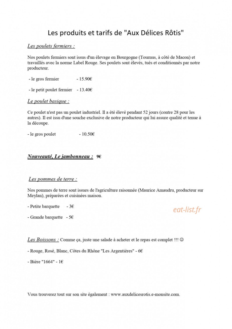 Aux Délices Rôtis — carte page 1