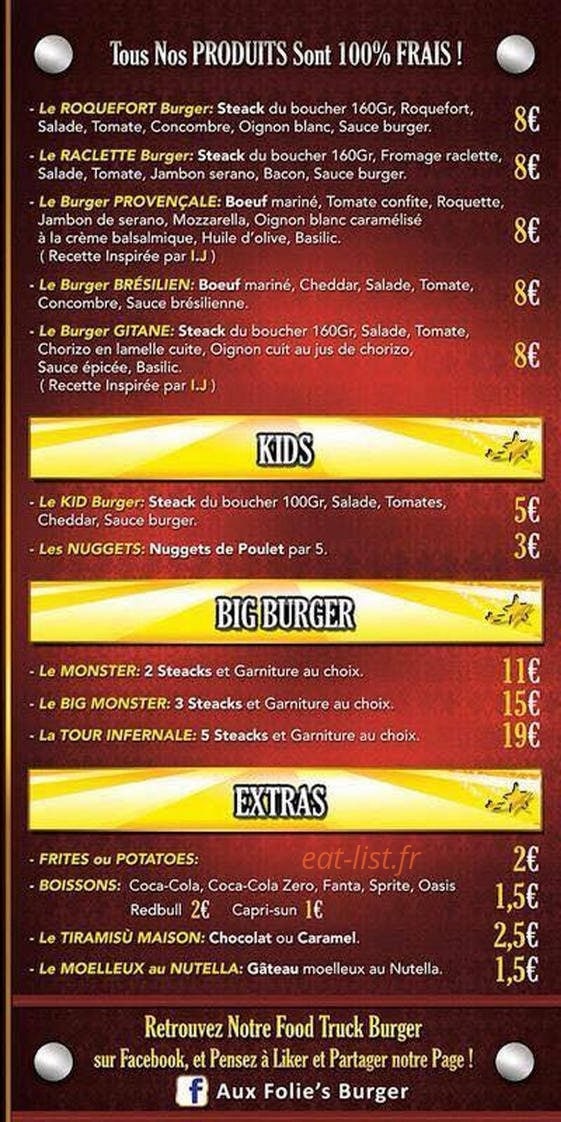 Aux Folie's Burger — carte page 2