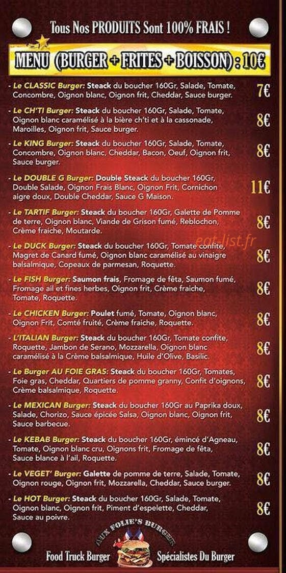 Aux Folie's Burger — carte page 1