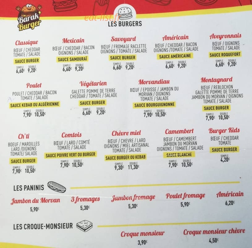Barak'burger — carte page 1