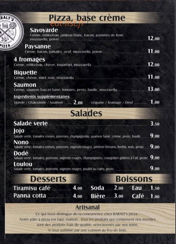 Baraly’s Pizza — carte page 2