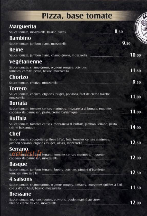 Baraly’s Pizza — carte page 1