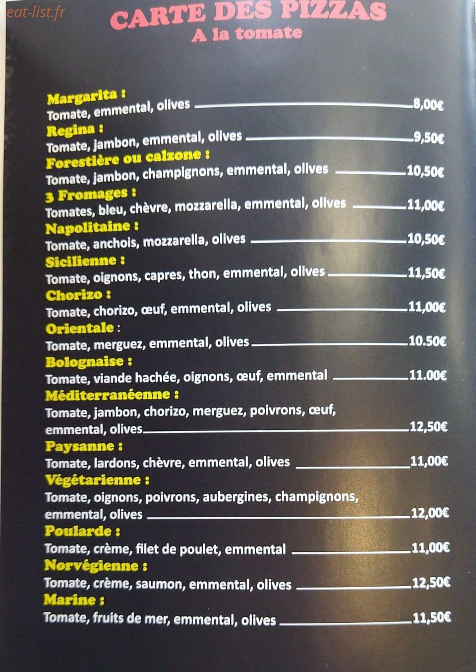 Be-Bop Pizza — carte page 1