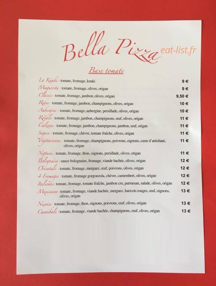 Bella Pizza Bruno — carte page 1