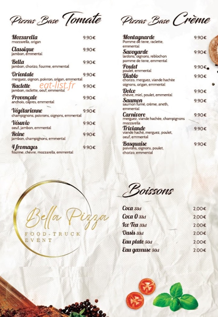 Bella Pizza — carte page 1