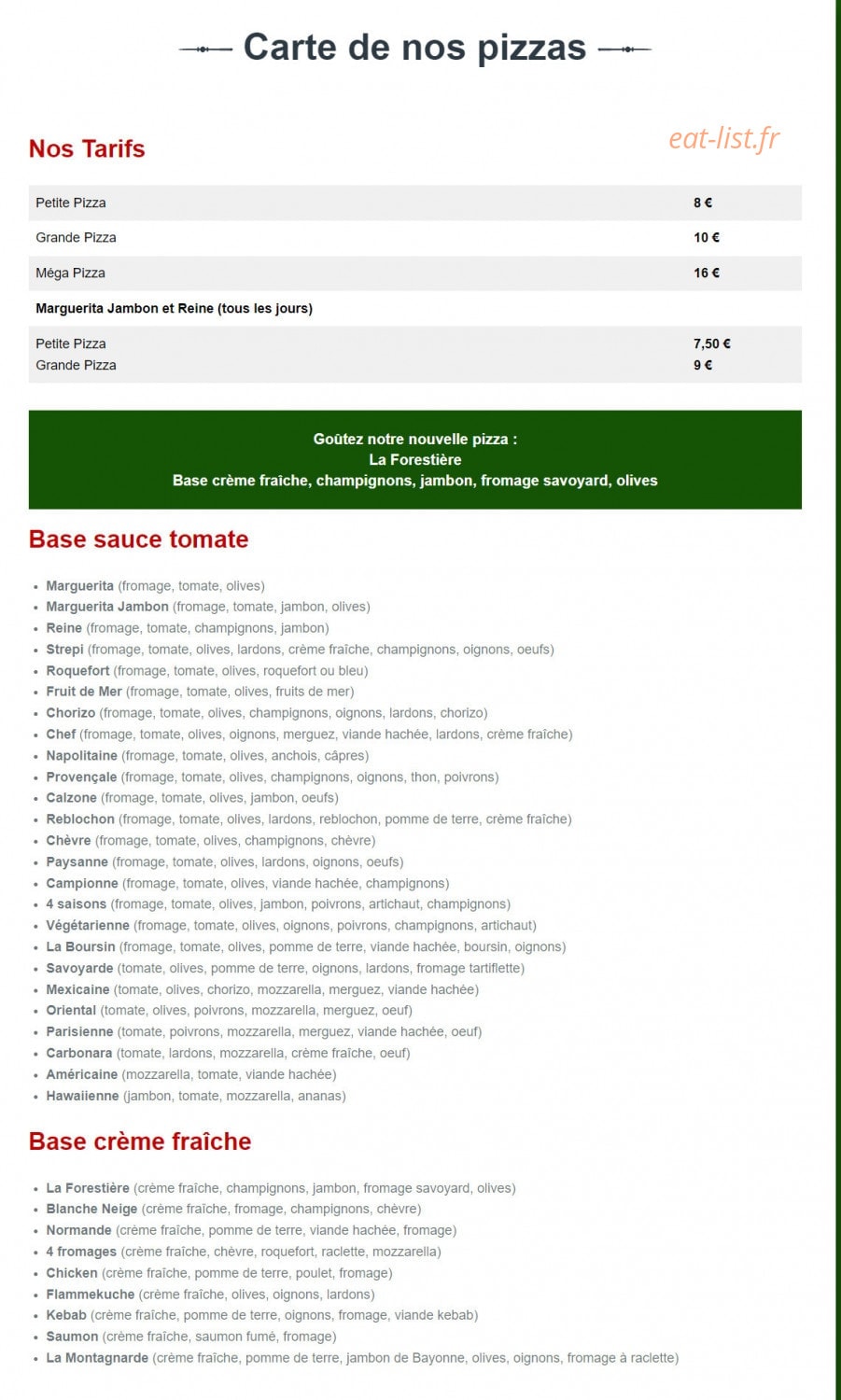 Benoit Pizza — carte page 1