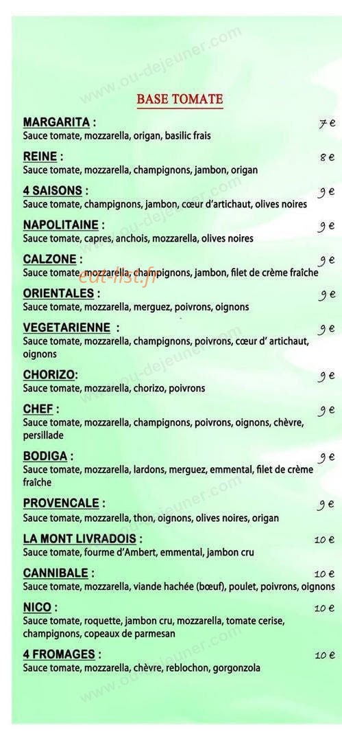 Bodiga pizza — carte page 1