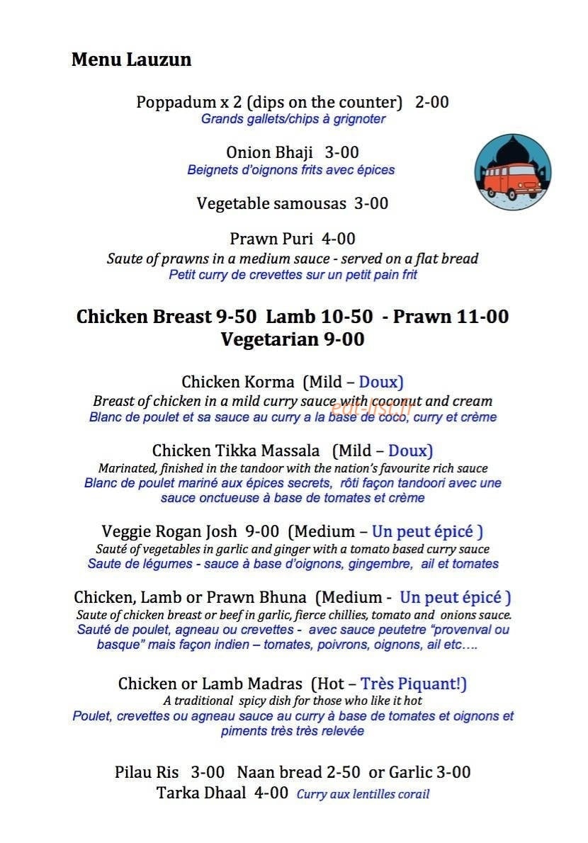 Bombay Busserie — carte page 1