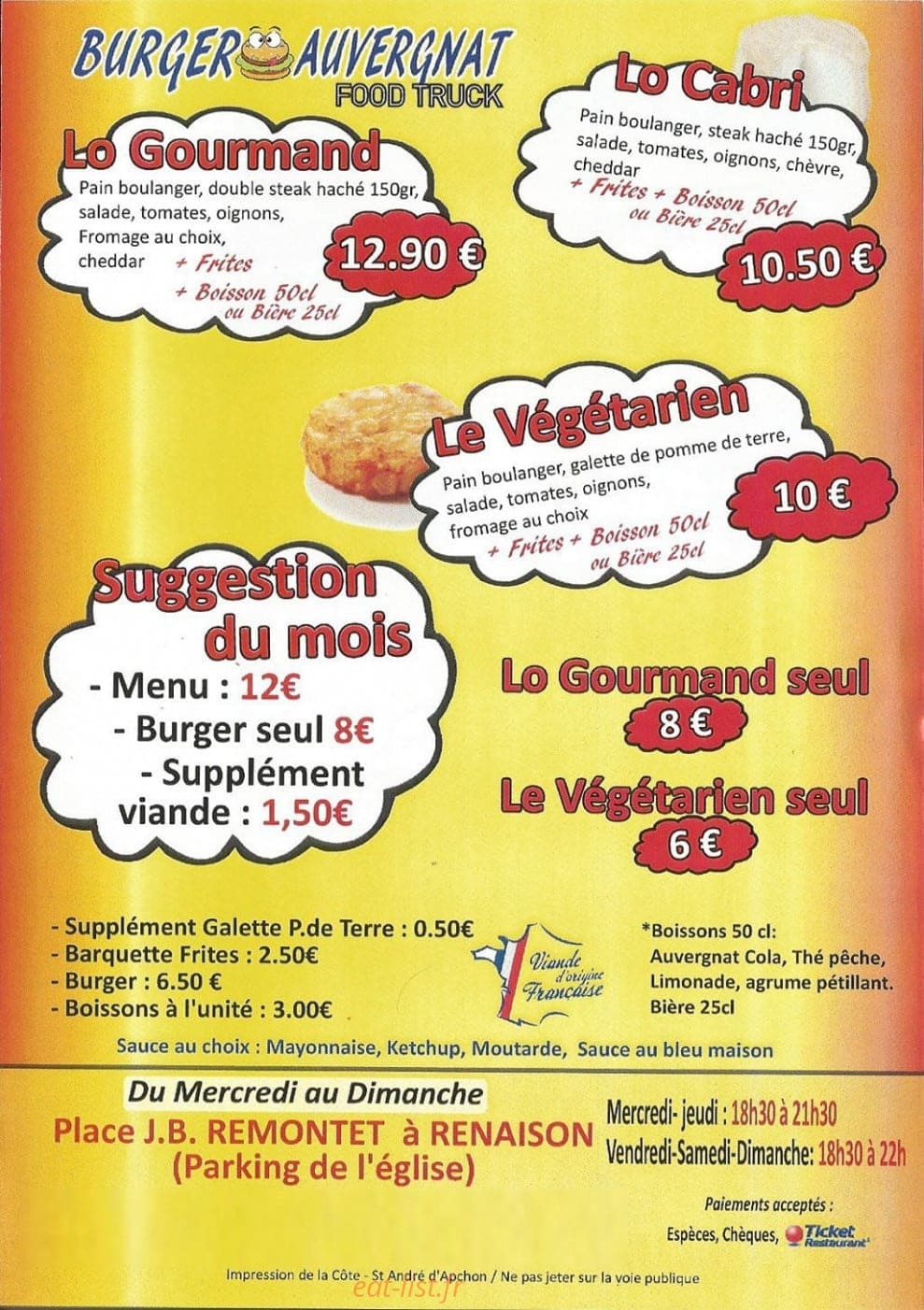 Burger Auvergnat — carte page 1