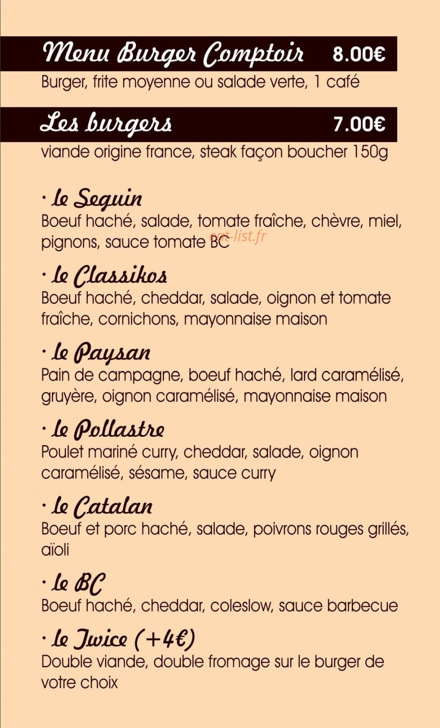 Burger comptoir — carte page 2