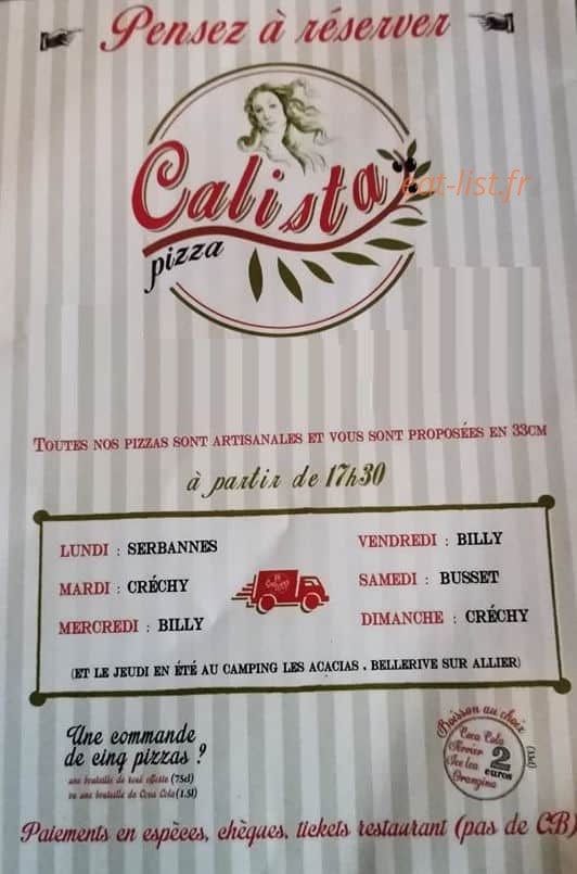 Calista Pizza — carte page 1