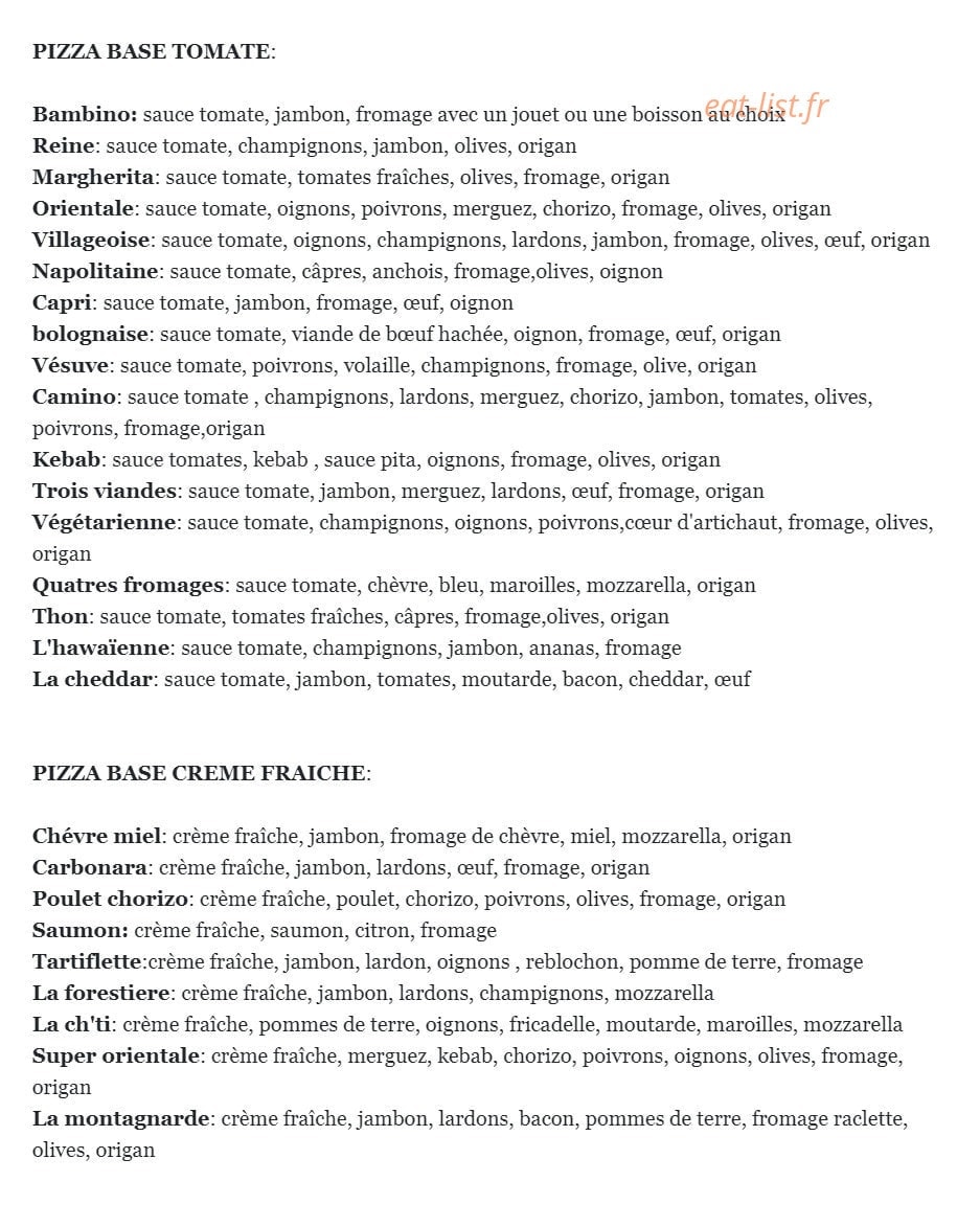 Camino Pizza — carte page 1
