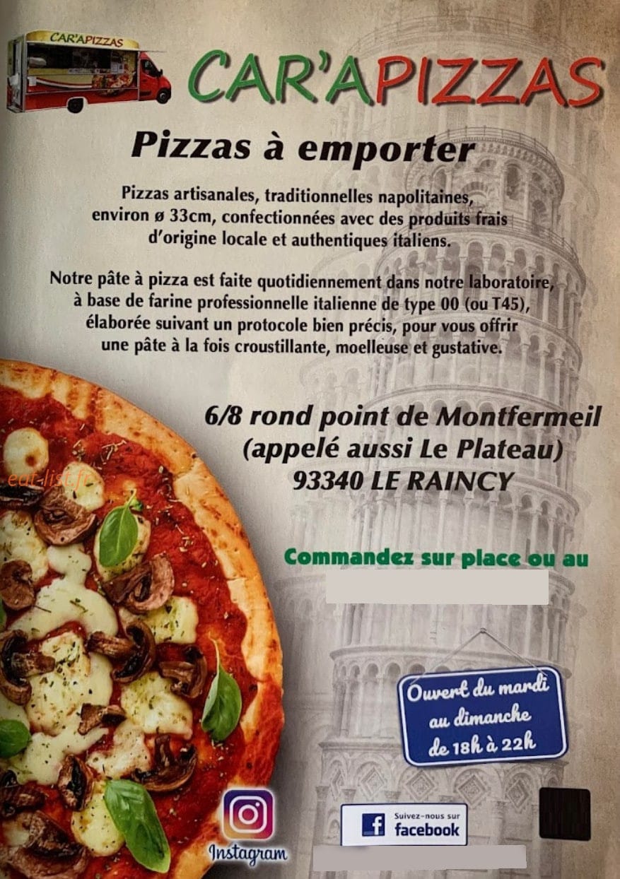 Car A'Pizzas — carte page 1