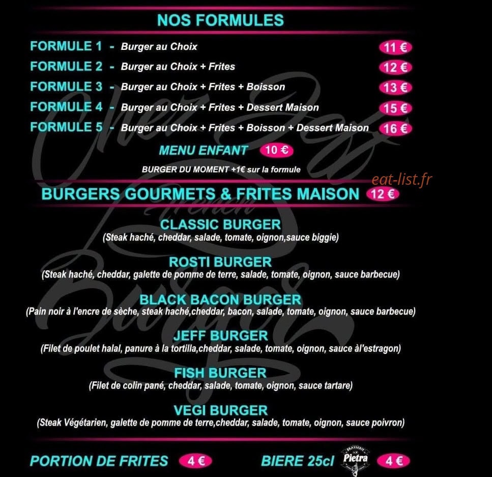 Carte et menu de Chez jeff à Montigny le Bretonneux — Formules, burgers...