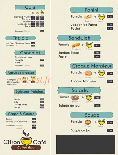 Citron Cafe — carte page 1