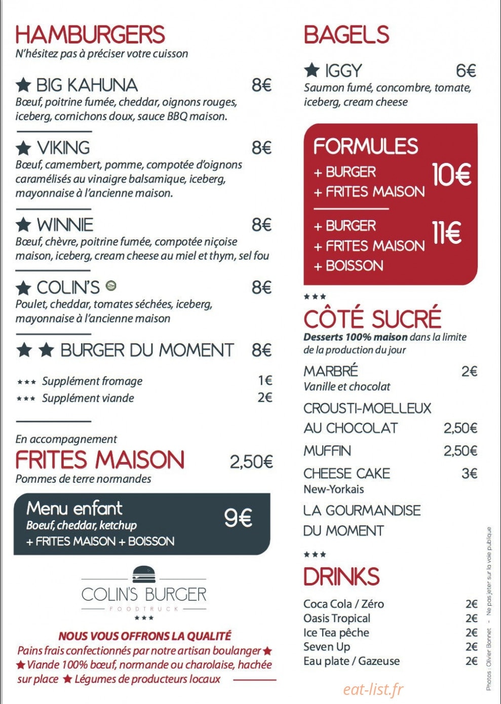 Colin's Burger — carte page 1