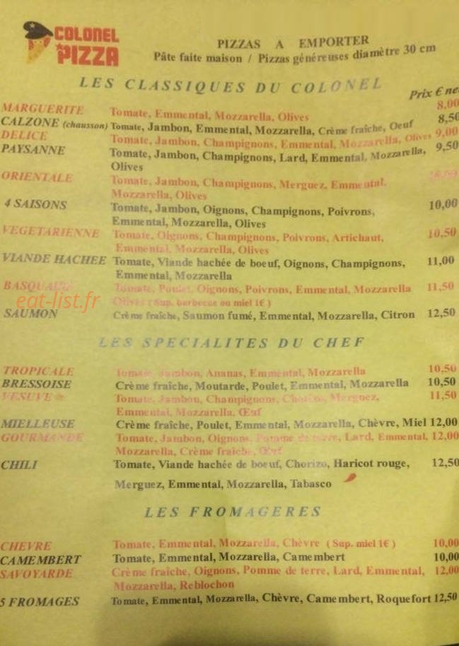 Colonel Pizza — carte page 1