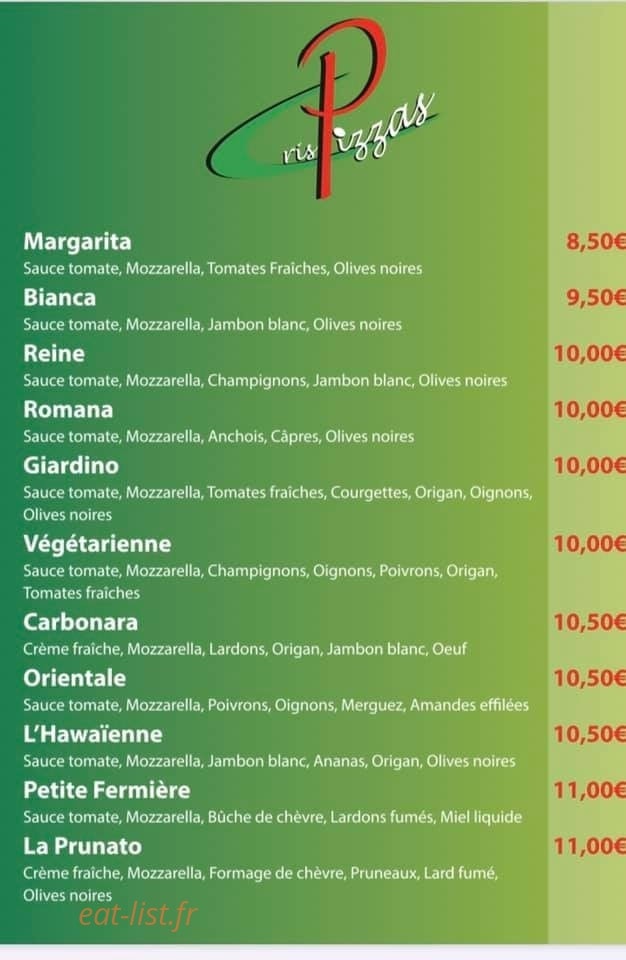 Cris Pizzas — carte page 1