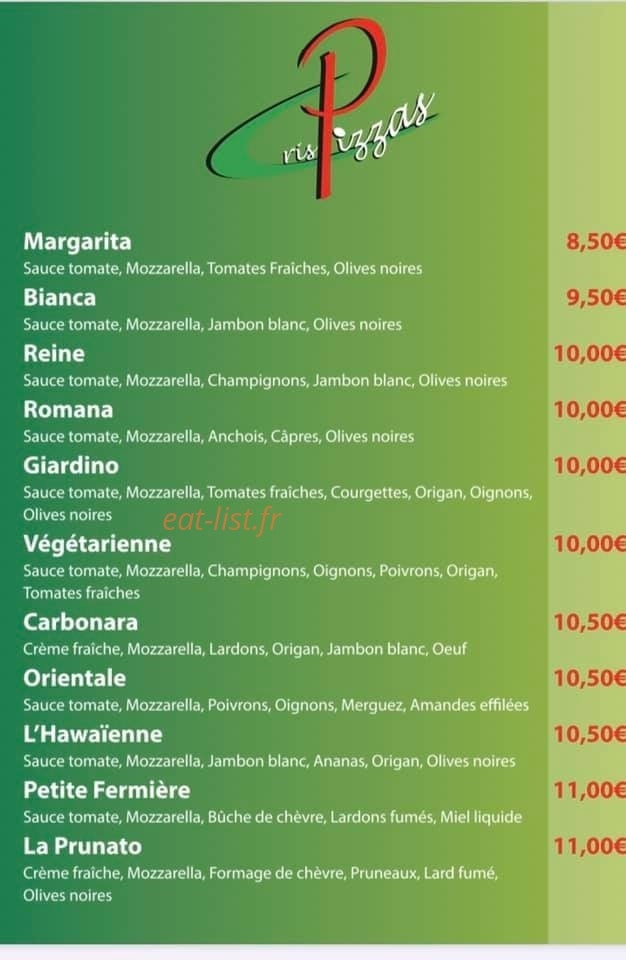 Cris Pizzas — carte page 1