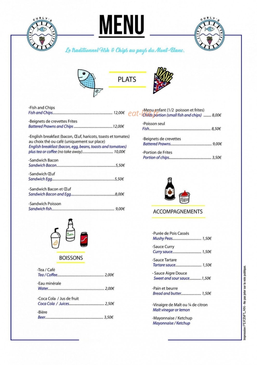 Carte et menu de Curly's à Les Contamines Montjoie — Plats, accompagnements et boissons