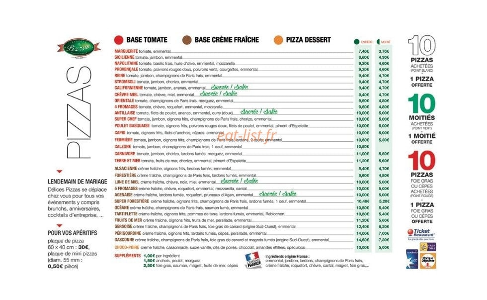 Délices Pizzas — carte page 1