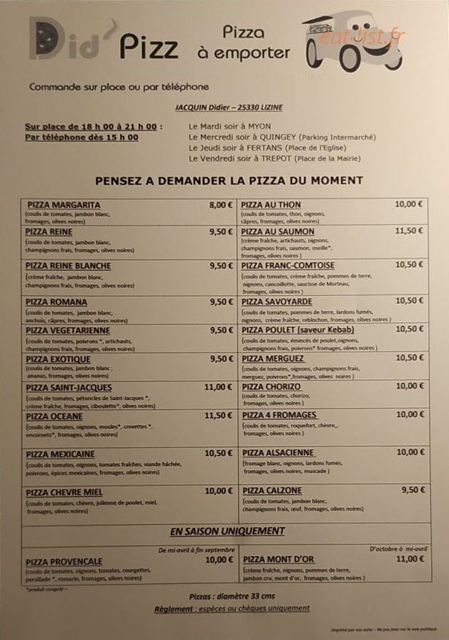 Did'Pizz — carte page 1