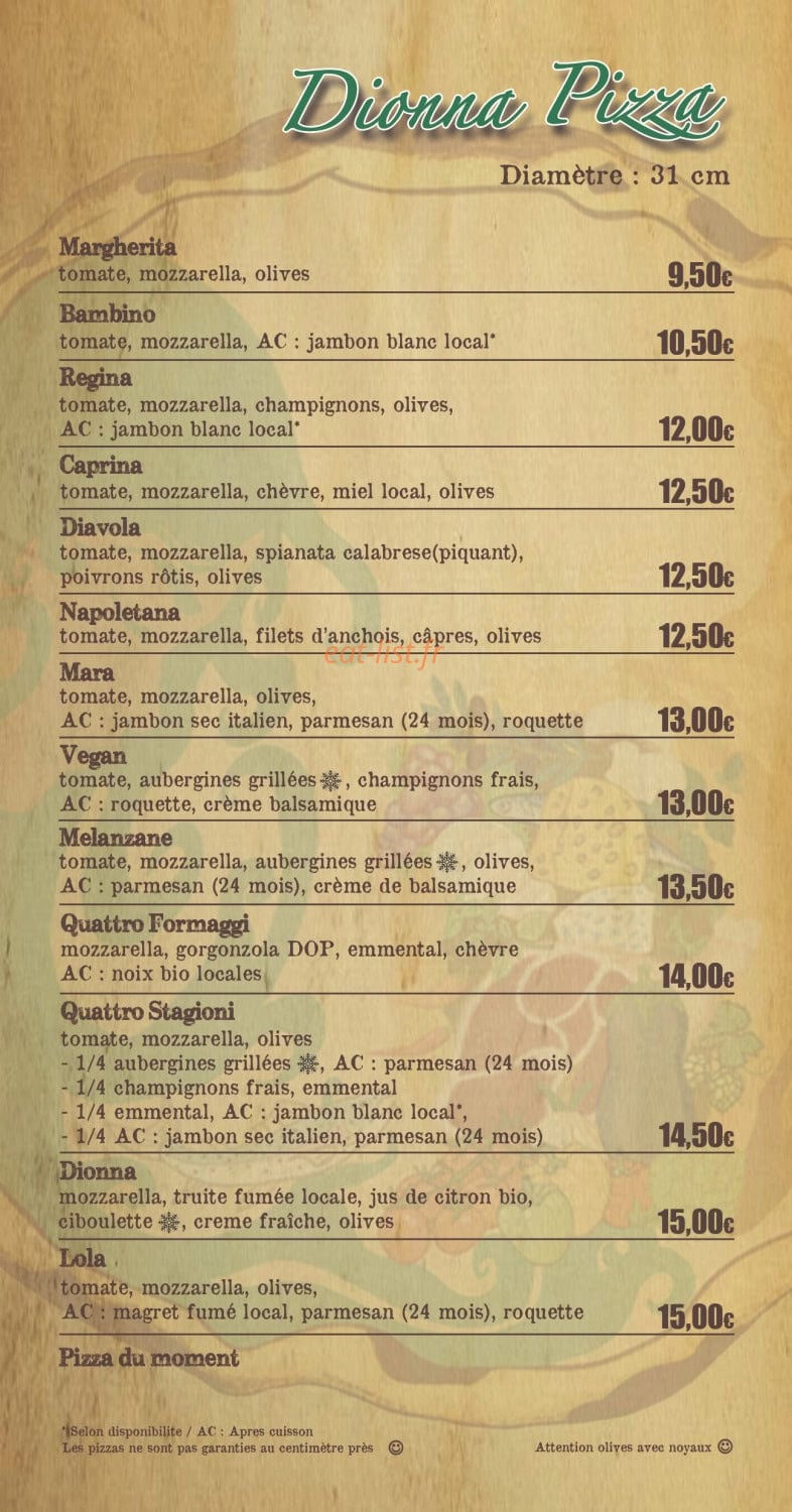 Dionna Pizzas — carte page 1