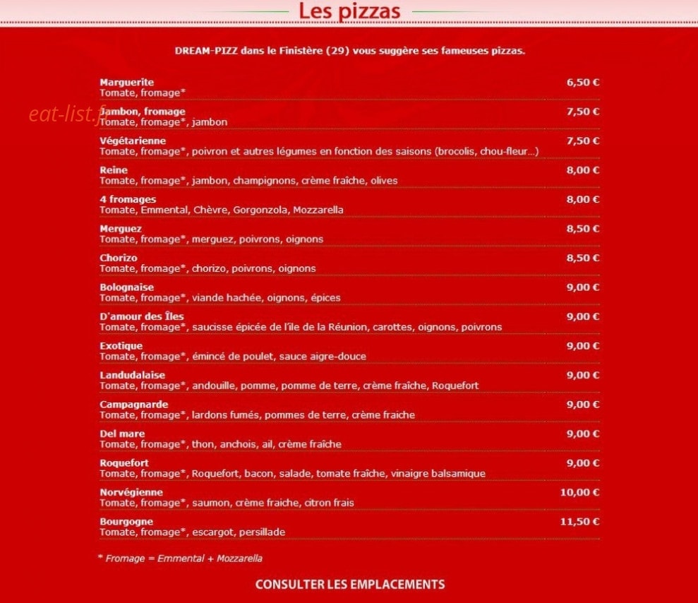 Dream Pizz — carte page 1