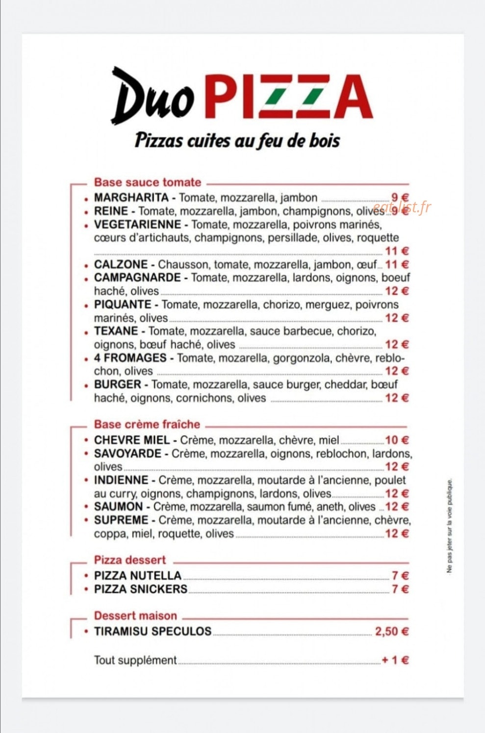 Duo Pizza — carte page 1