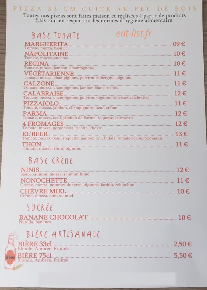 El' beer pizza — carte page 1