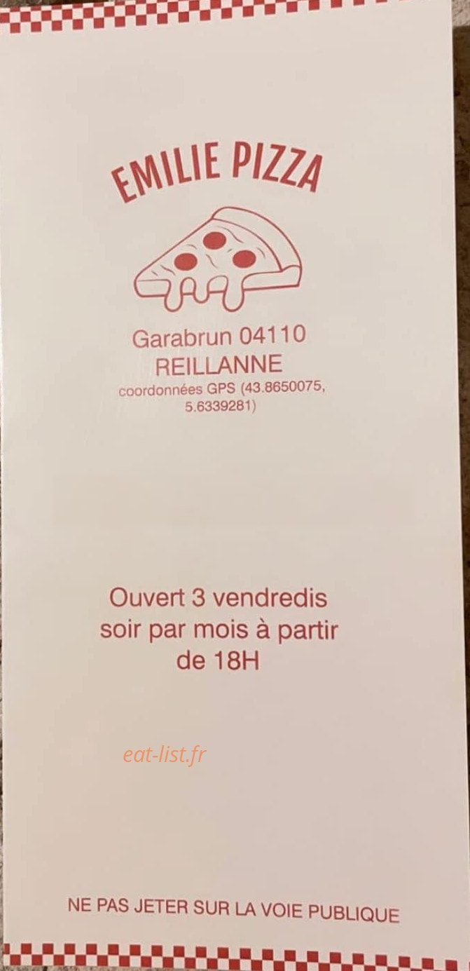 Emilie Pizza — carte page 1