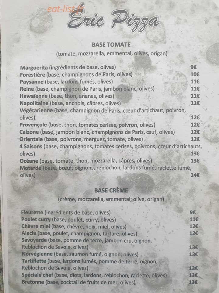 Eric Pizza — carte page 1