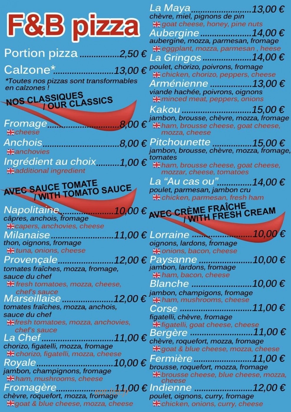 F&B Pizza — carte page 1