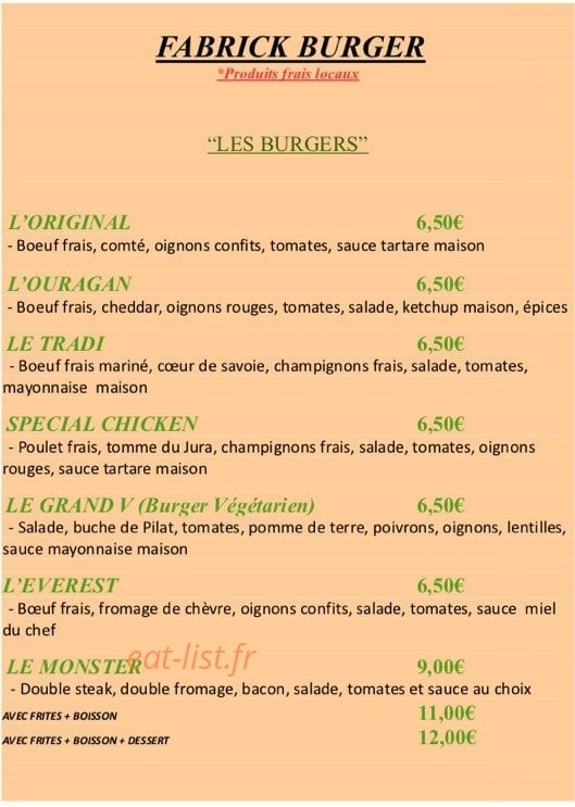 Fabrick burger — carte page 2