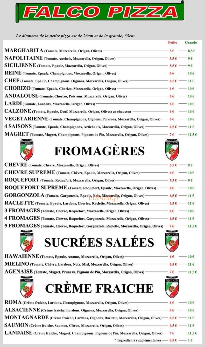 Falco Pizza — carte page 1