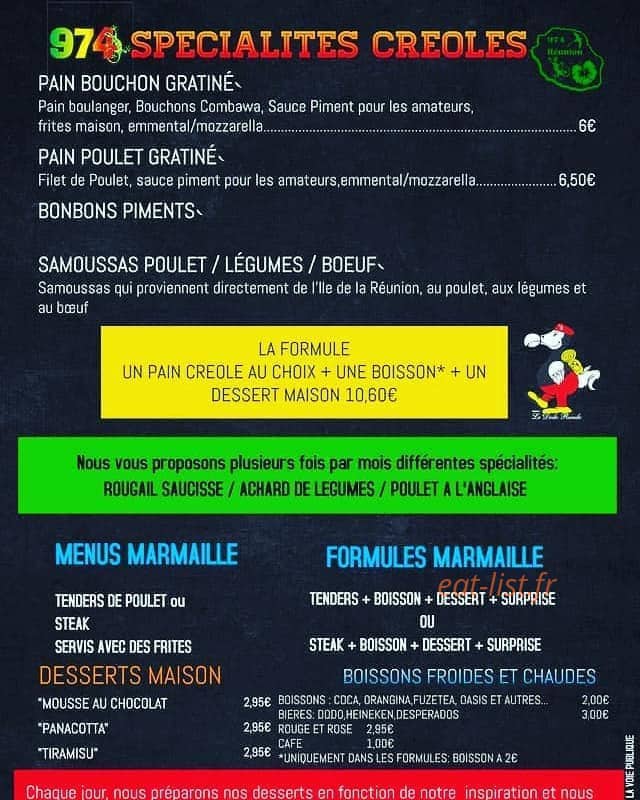 Carte et menu de Food Truck Italien & Créole à Saint Mathieu de Treviers — Spécialités créoles et formules