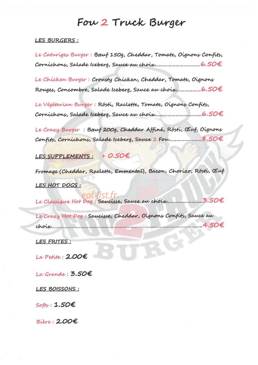 Fou 2 Truck Burger — carte page 1