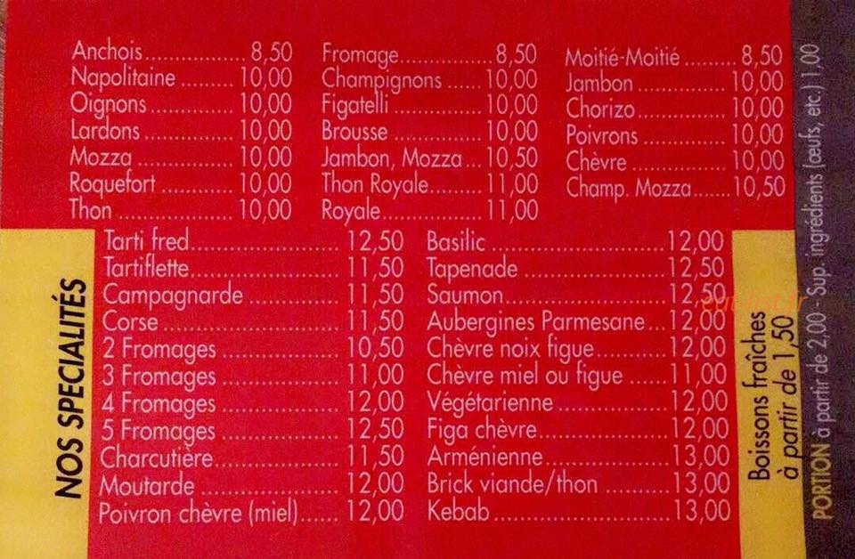 Fred Pizza — carte page 1