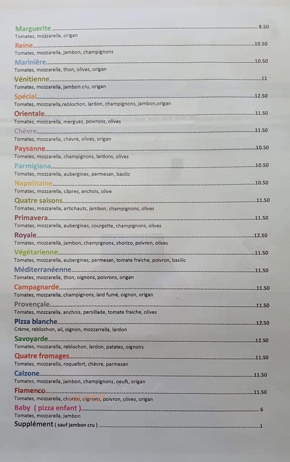 Fred Pizzas — carte page 1