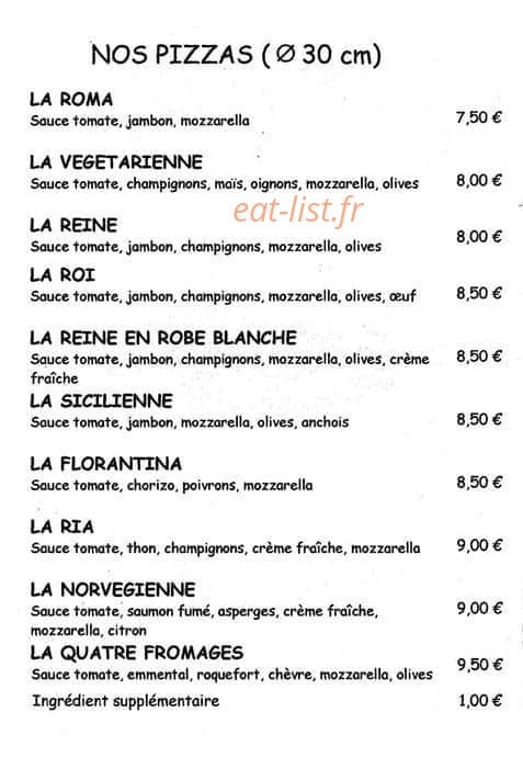 Fred's pizza — carte page 1