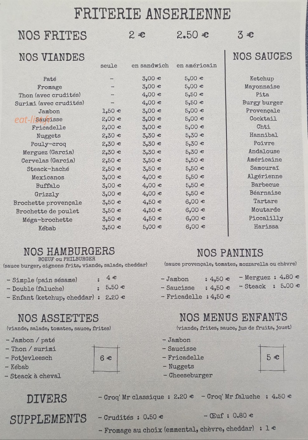 Friterie Anserienne — carte page 1