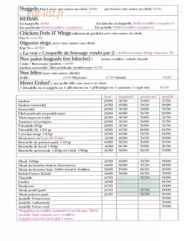 Friterie Les Damoureux — carte page 1