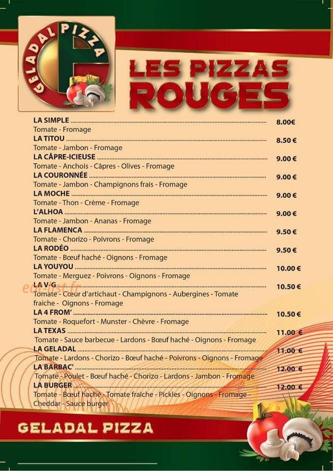 Geladal Pizza — carte page 1