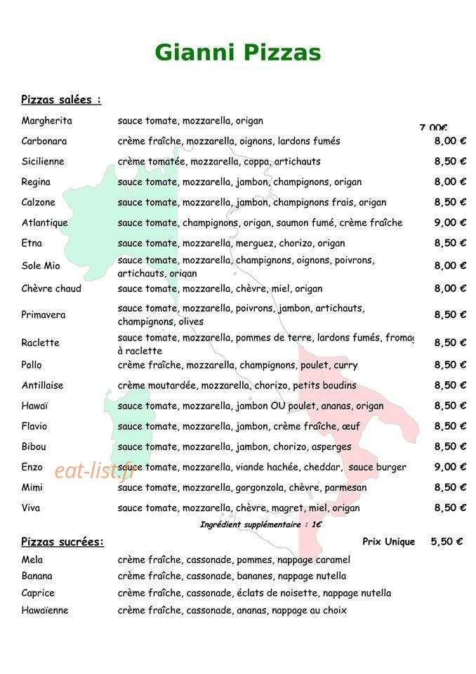 Gianni Pizzas — carte page 1
