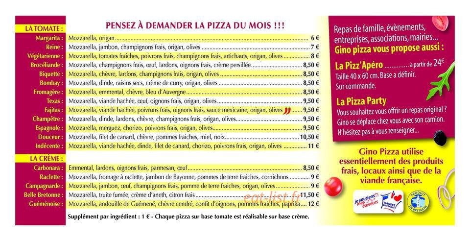 Gino Pizza — carte page 1