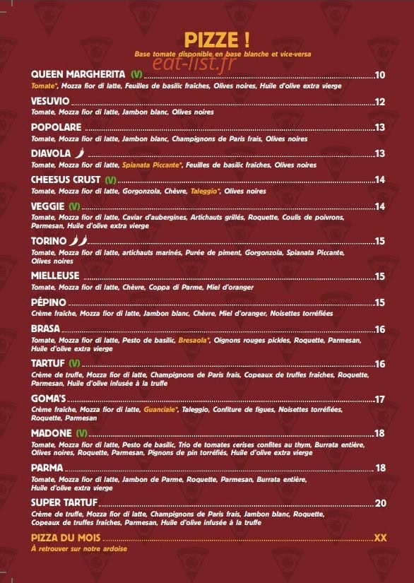 Goma Pizza — carte page 1