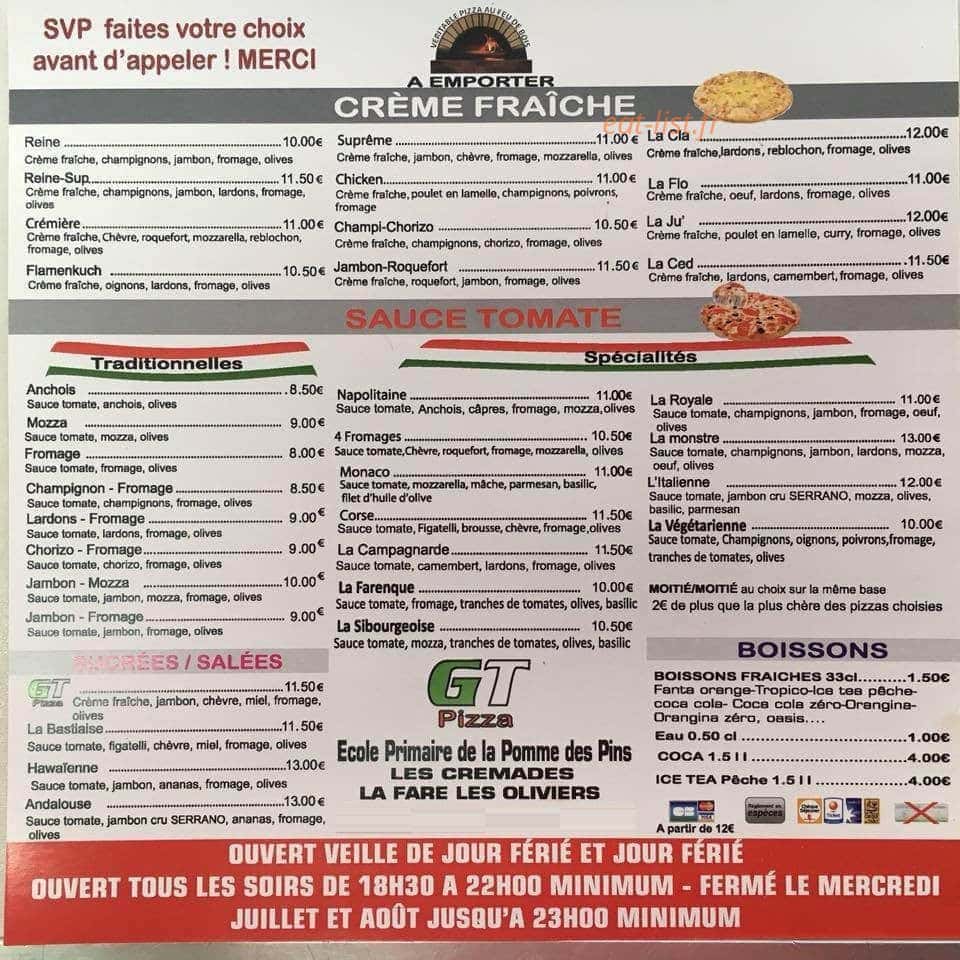 Gt Pizza — carte page 1