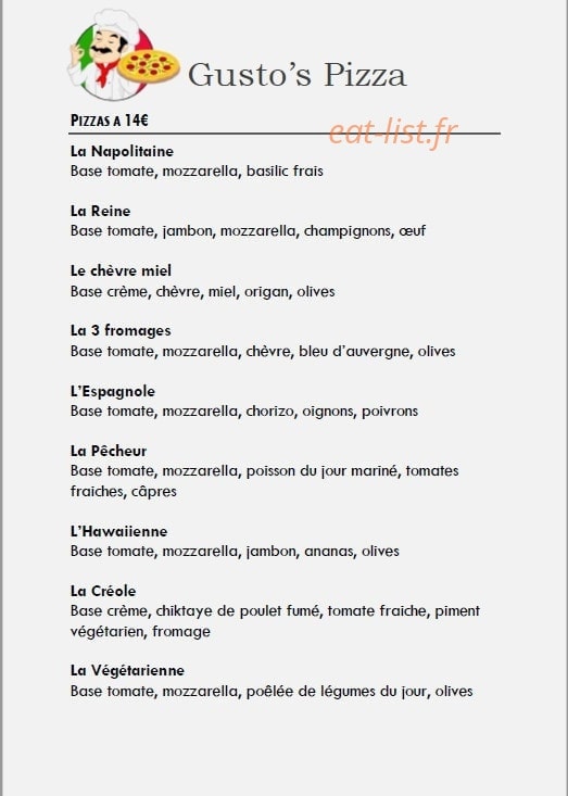 Gusto's Pizza — carte page 1