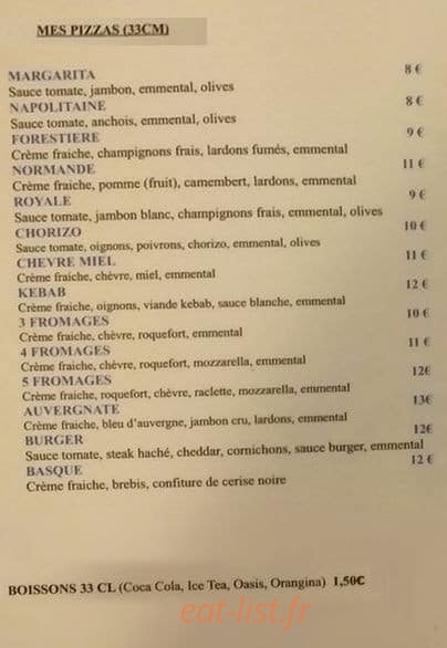 Herve Pizzas — carte page 1